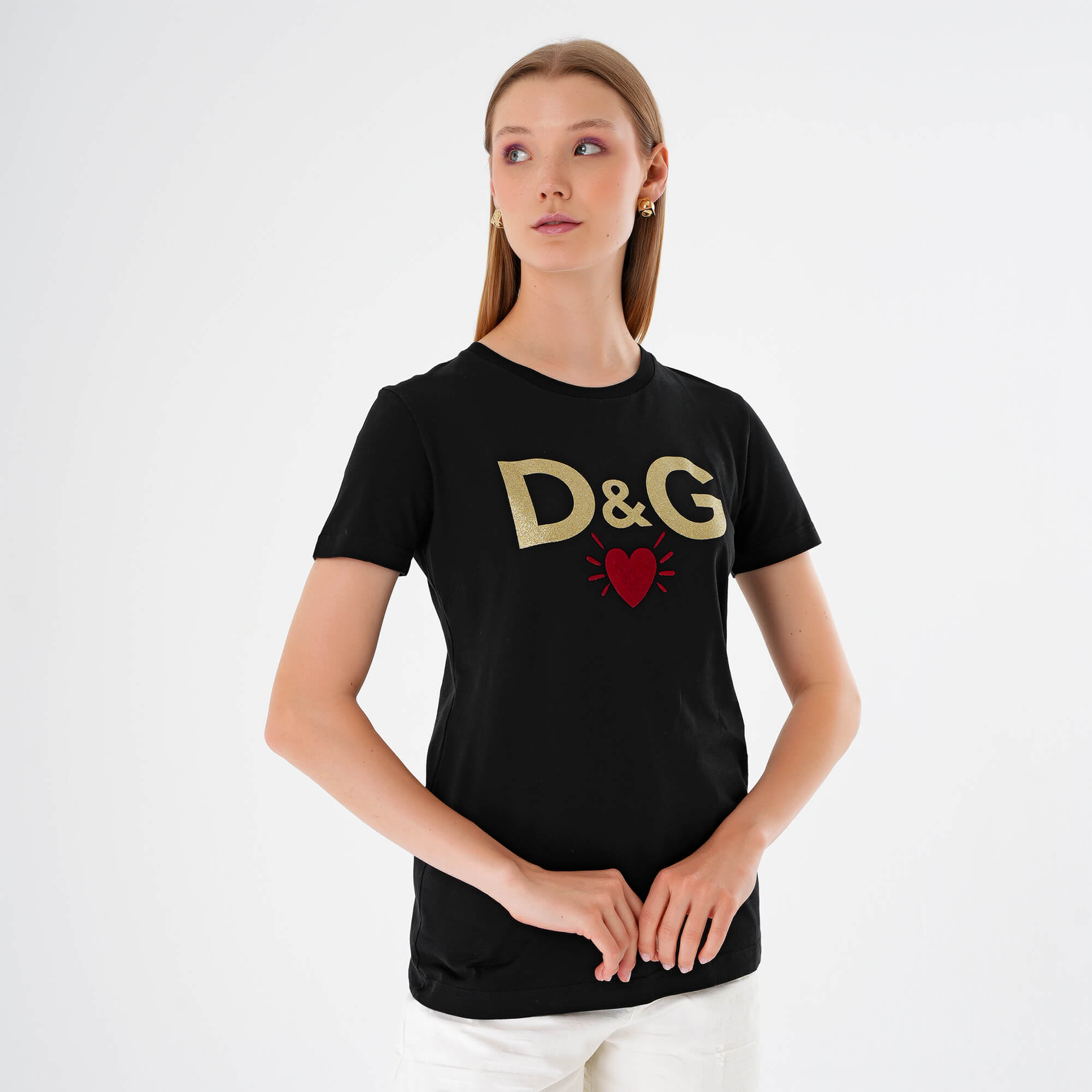 Dolce & Gabbana - Black & Gold Glitter Heart Logo Printed Tshirt IT42 